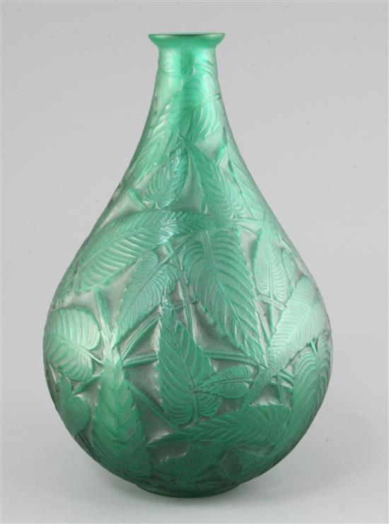 A Rene Lalique Sauge emerald green and frosted glass bottle vase, designed in 1923, 25.5cm